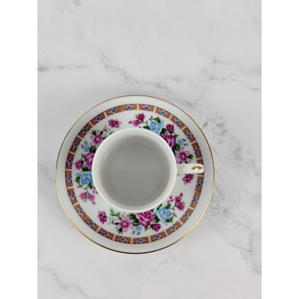 VTG Mini Demitasse Espresso Porcelain Teacup and Saucer Pink Blue Floral - Picture 3 of 9
